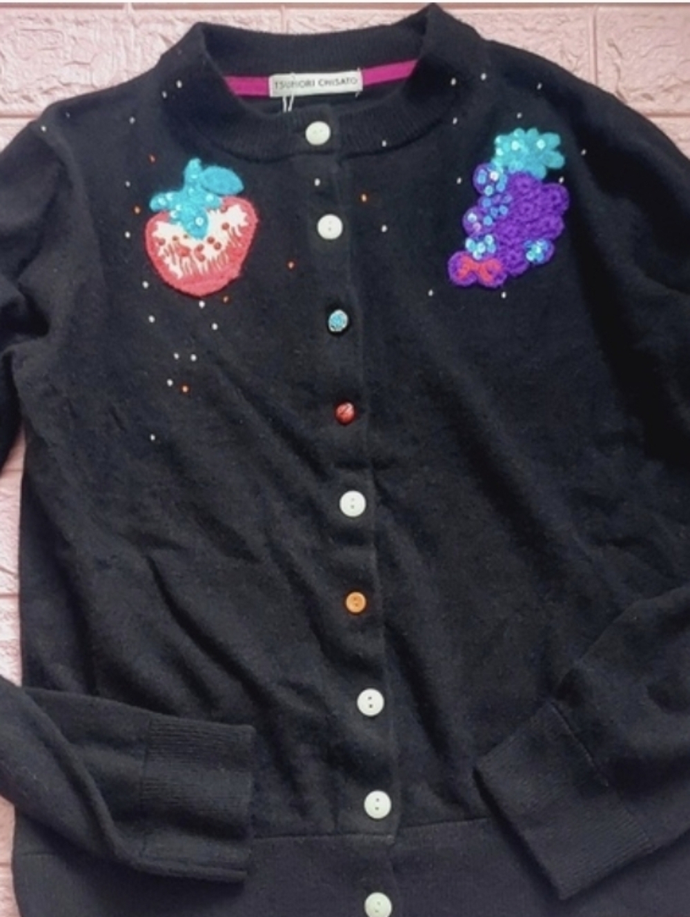 Tsumori Chisato Black Cardigan with Pink Neck Trim and Colorful Embroidery NWT